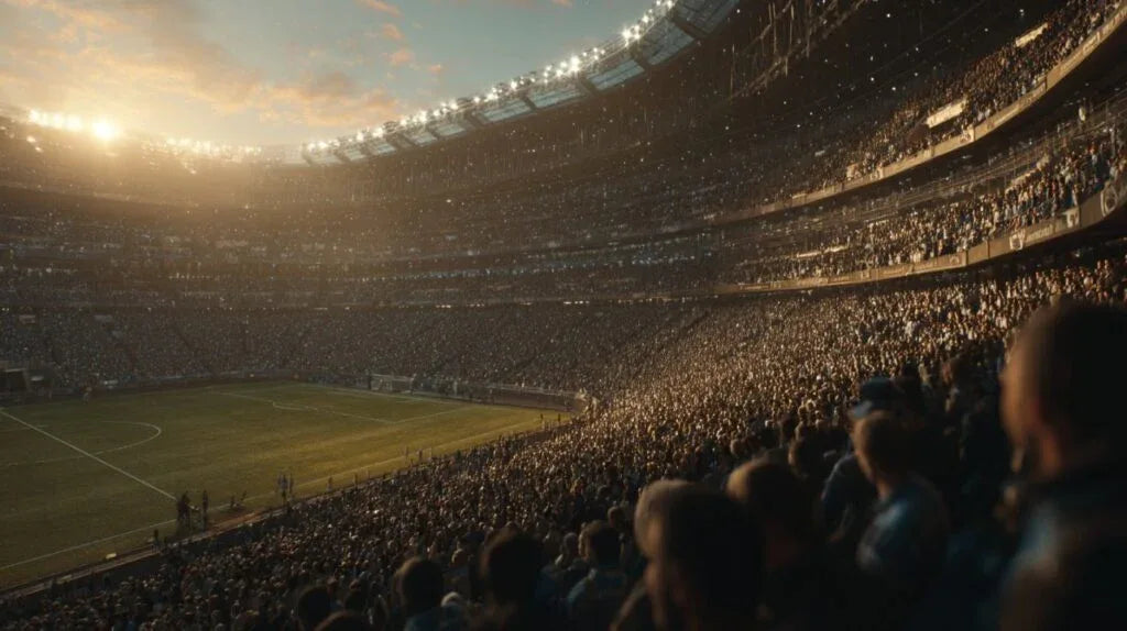 Packed football stadium at sunset for European football fans