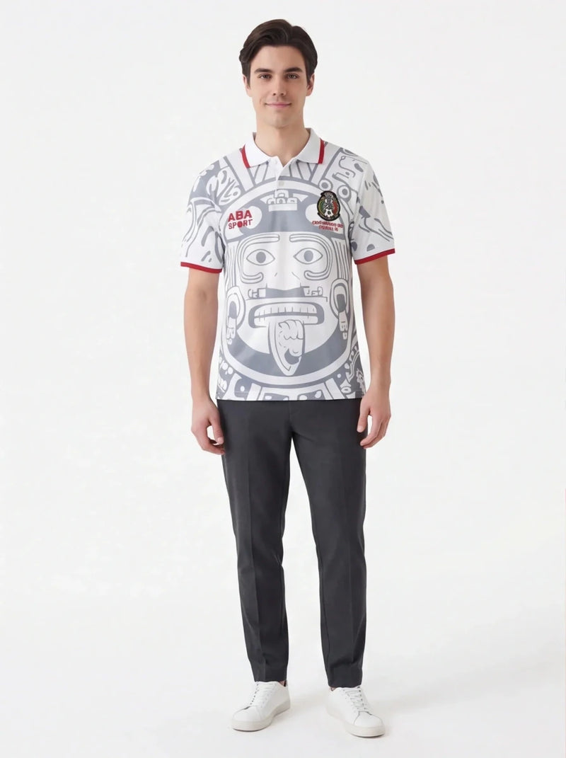Retro football jersey in white with grey face graphic and red collar trim